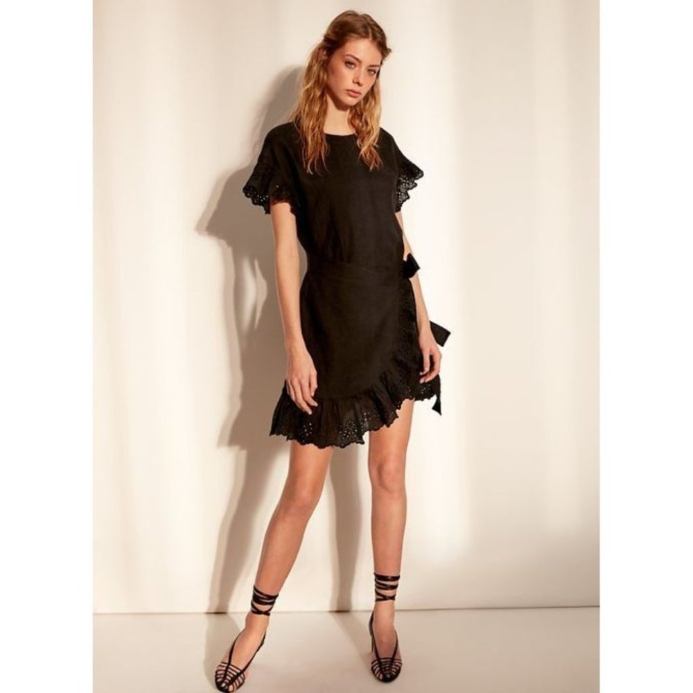 Aritzia Wilfred la boheme Ninette Ruffled Wrap Dress XS Black Linen Mini - Picture 6 of 6